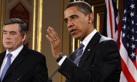 Barack Obama speaks during a joint news conference with  Gordon Brown
